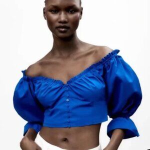 Zara Poplin Cobalt Blue Button Ruffle Long Sleeve Off Shoulder Crop Top